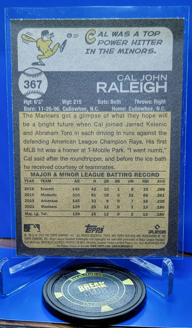 Cal Raleigh 2022 Topps Heritage Rookie Card RC #367 Seattle Mariners