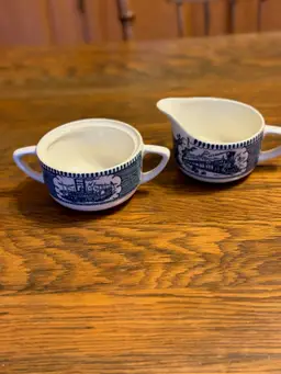 Vintage Blue & White Creamer & Sugar Set – Train & Steamboat Scene – Americana Stoneware – Farmhouse Kitchen Decor – Paige’s Plates