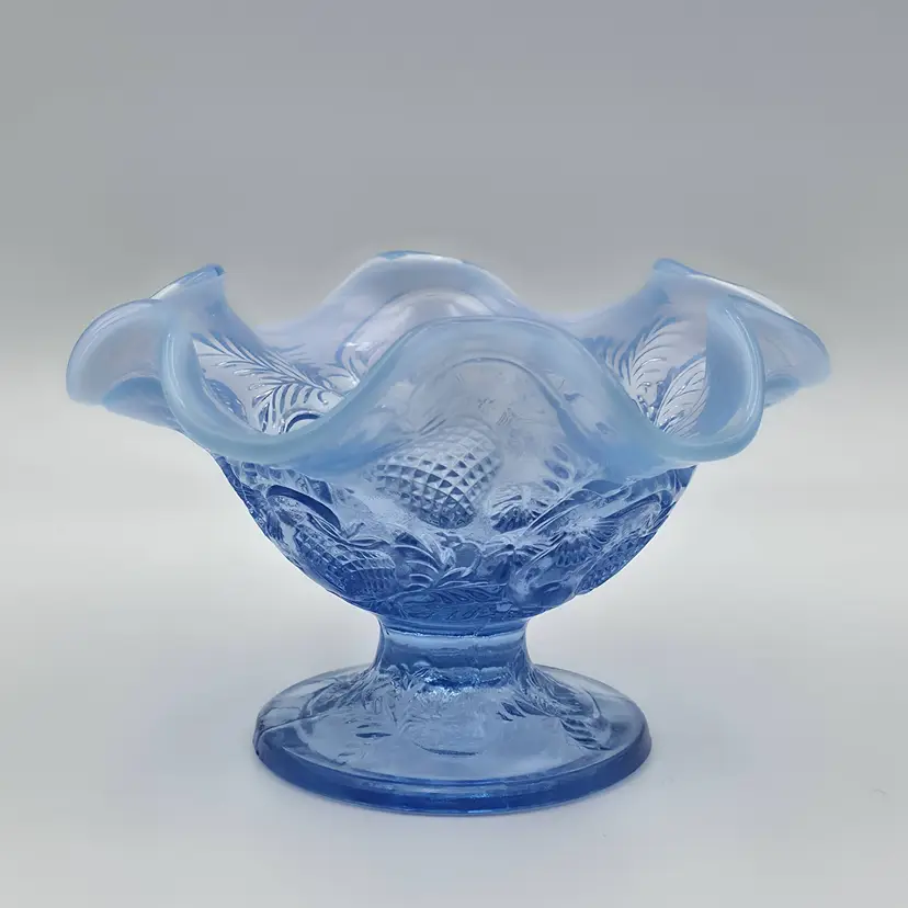 Fenton Blue Opalescent Glass Footed Compote Inverted Strawberry Pattern