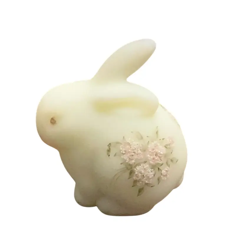 Fenton Pink Blossoms On Custard Round Bunny HP By Joan Edwards (1979-85)-Glows