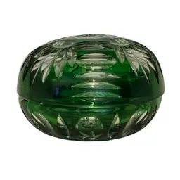 Cut to Clear Green Crystal Glass Lidded Trink Dish