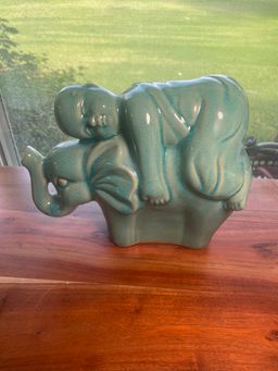 Vintage Chinese Ceramic Figurine – Baby Buddha on Elephant, Feng Shui Symbol