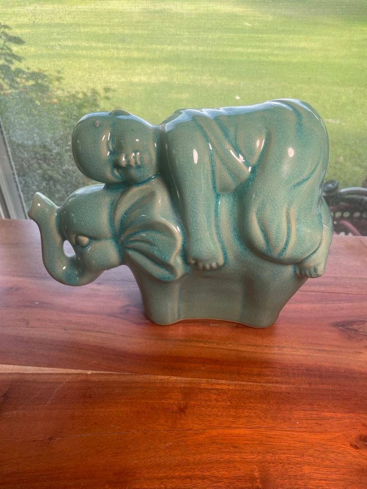 Vintage Chinese Ceramic Figurine – Baby Buddha on Elephant, Feng Shui Symbol