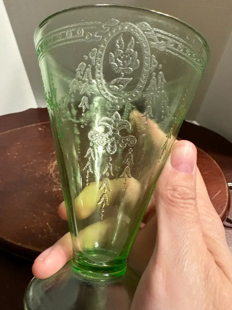 Belmont Rose Cameo Green Depression Glass Footed Tumbler