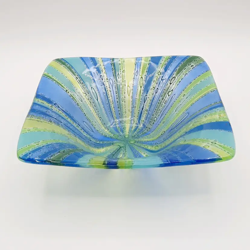 Vintage Higgins Signed Fused Art Glass Riviera Square Bowl Blue Green Yellow