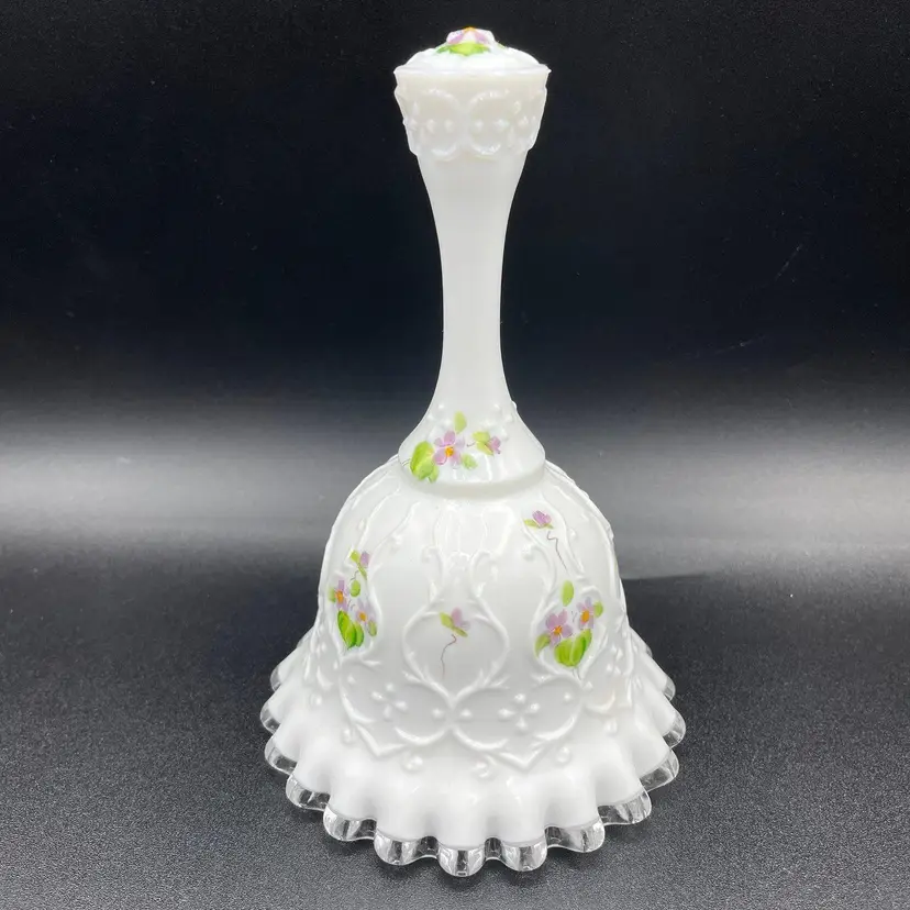 Fenton Spanish Silver Crest Ruffle Edge Bell Hand Painted Violets In Snow Signed