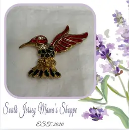 Vintage Gold Tone Red And Green Hummingbird Brooch With Rhinestone