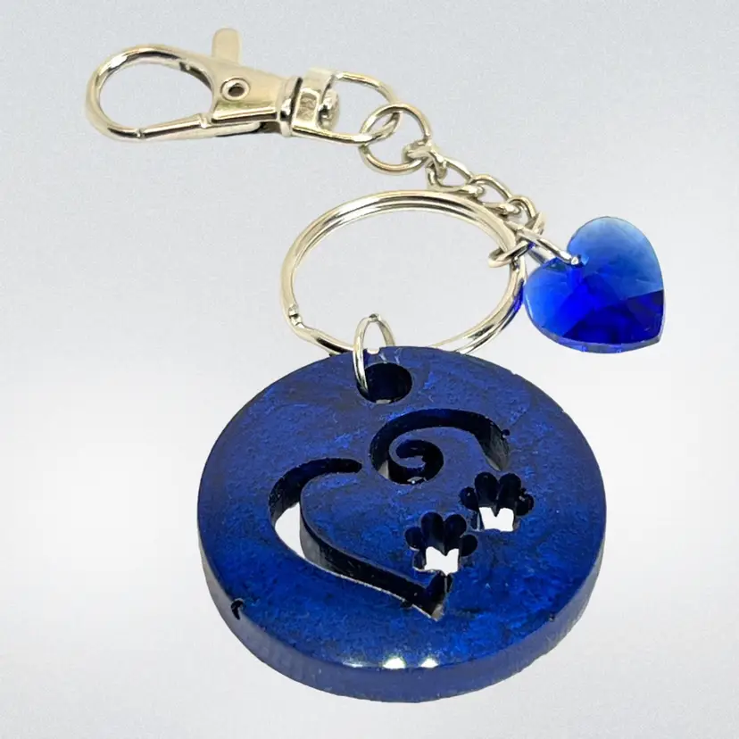 Dog Puppy Paw Print Keychain Bag Clip. Accented with Cute Blue Glass Heart Charm.