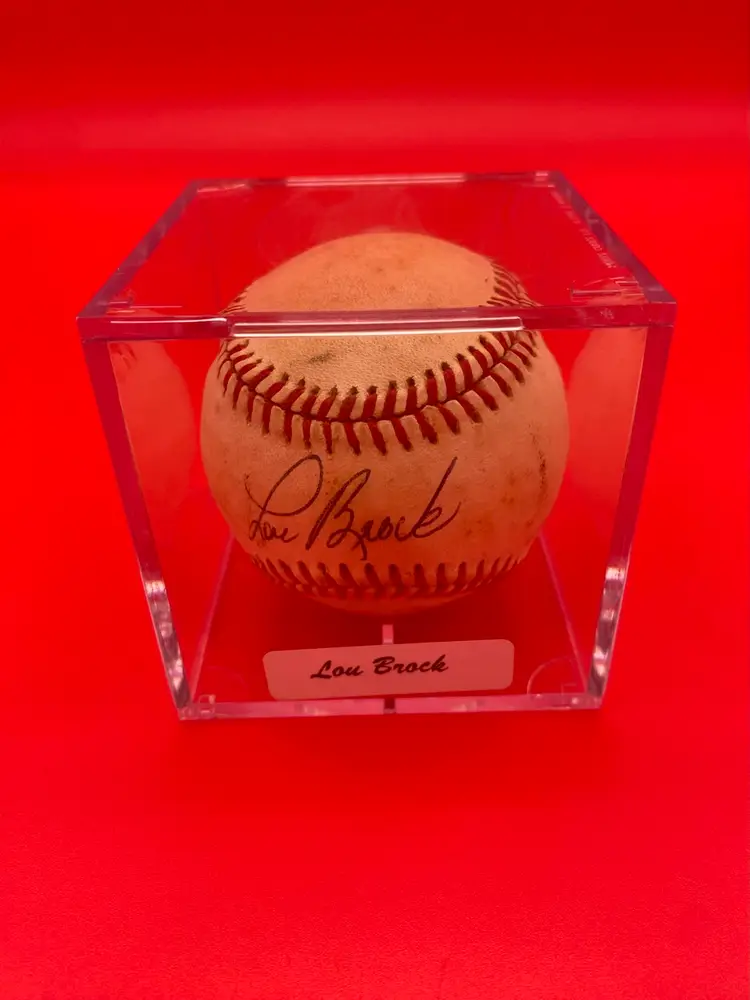 Lou Brock Autographed Rawlings National League Baseball w/ COA & Case