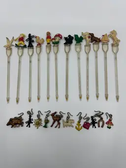 12 Vintage Acrylic Figural Cocktail Swizzle Sticks&11 Matching Charms Animals People Objects