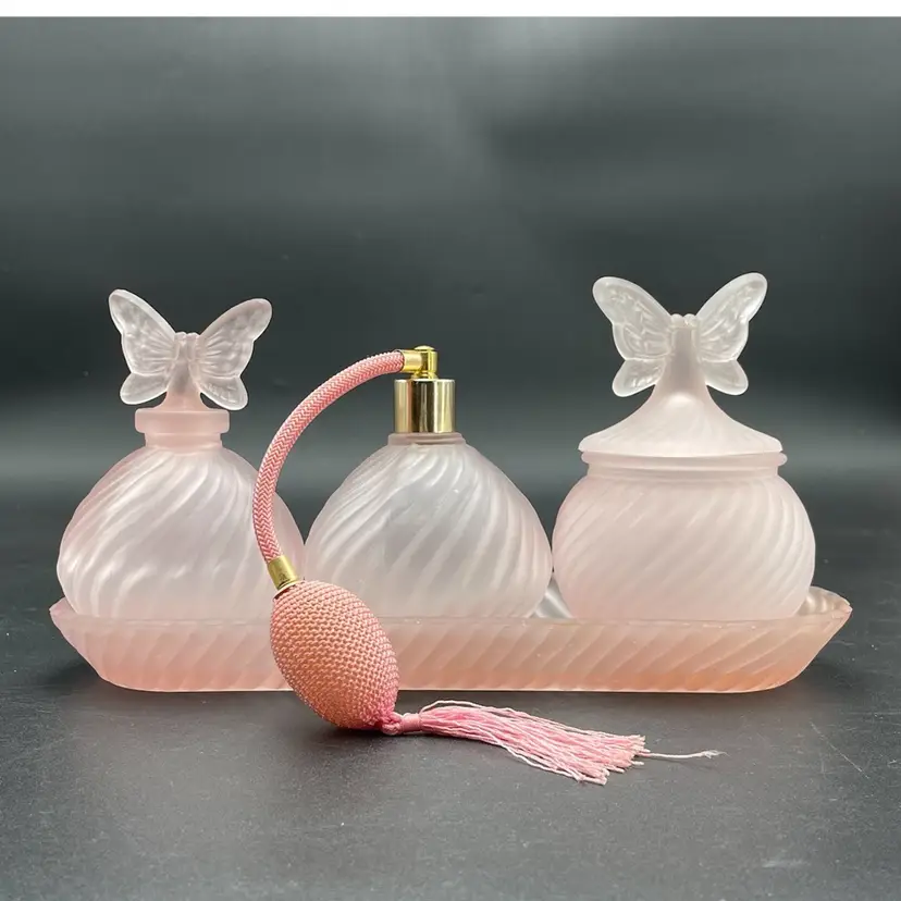 Pink Frosted Swirl Glass Vanity Set Butterfly Atomizer Perfume 4 Piece VTG