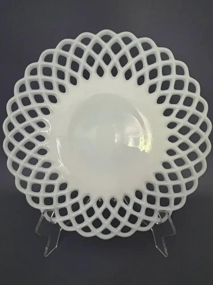 Vintage Fenton White Milk Glass Lacy Edge Cake Plate 12.5”