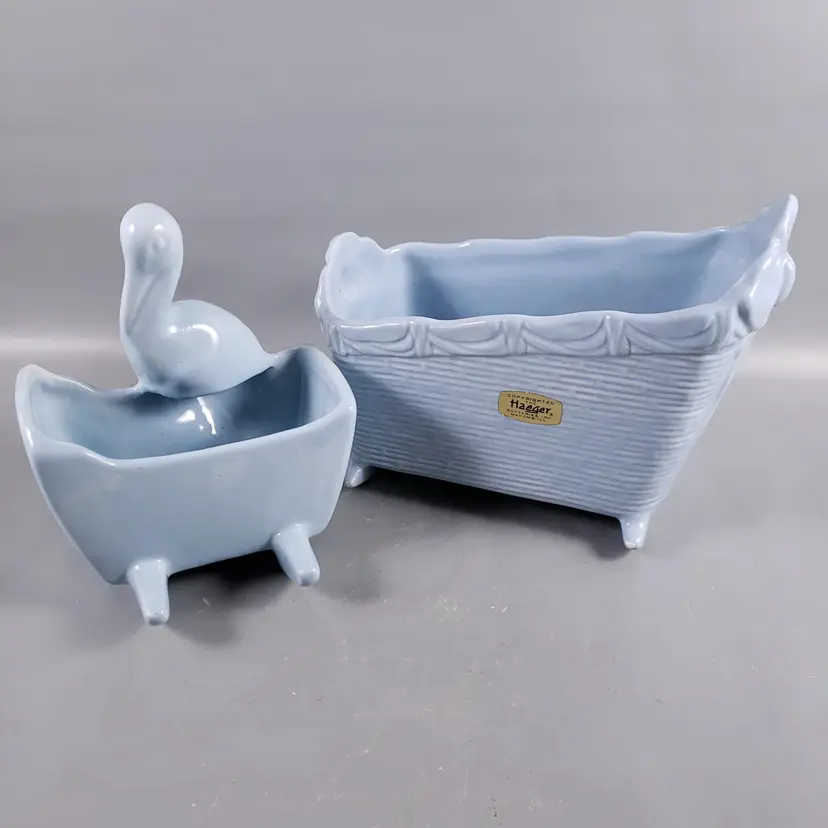 Vintage HAEGER Pottery Blue Stork Rocking Bassinet Cradle Nursery Planter SET