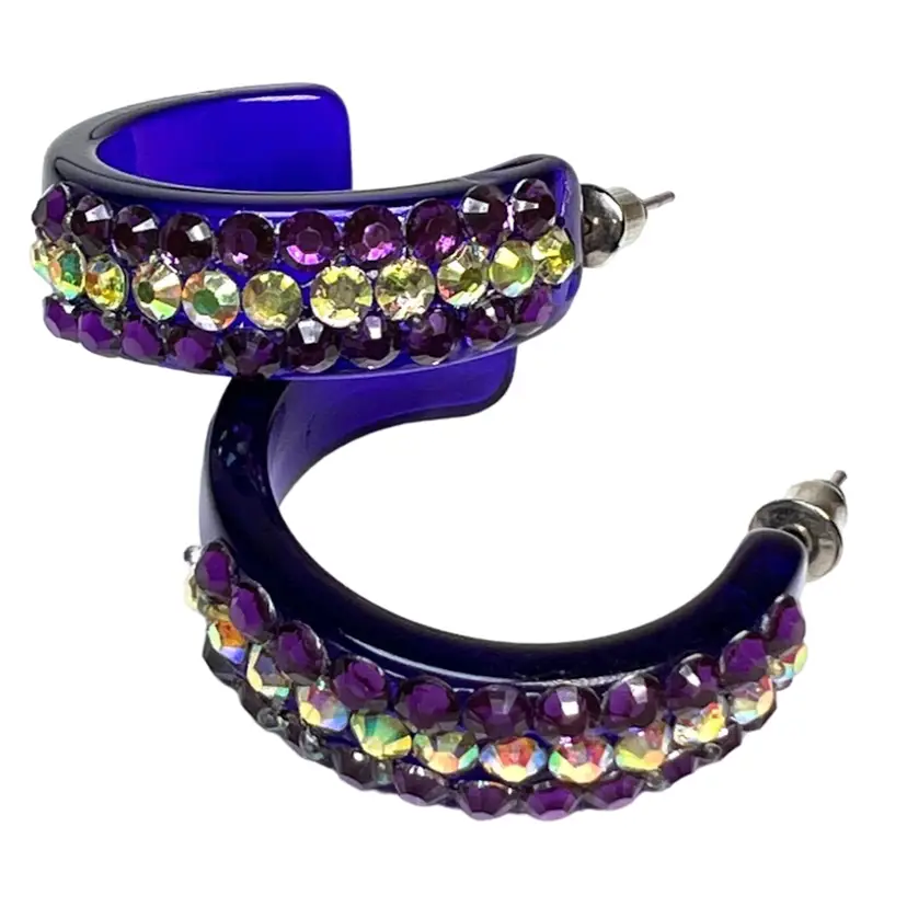 Purple Acrylic Rhinestone Hoop Earrings. 1-1/4” top-to-bottom X
3/8” across