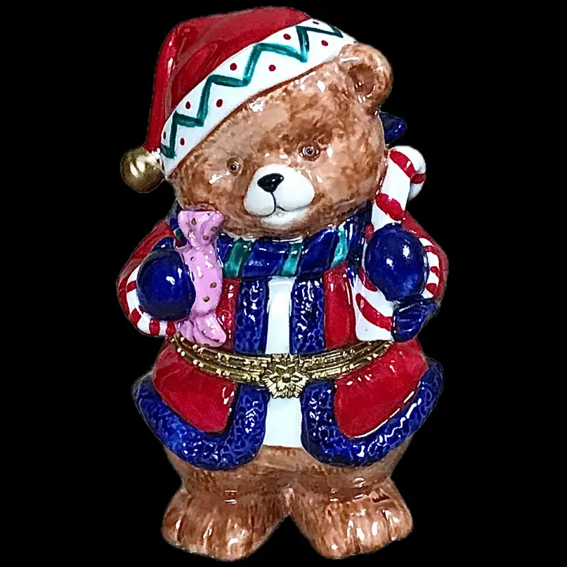 Teddy Bear Santa Hinged Ceramic Trinket Box Christmas Kitsch Holiday Twee Cute