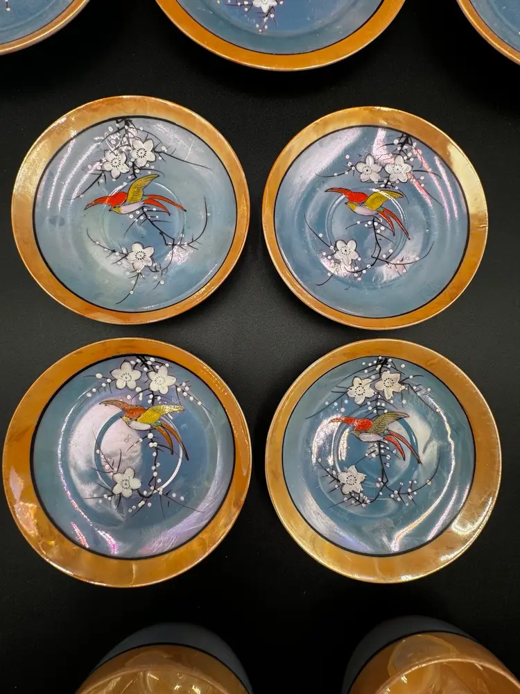 VTG Japanese Peach Lusterware 4 Sets Of Tea Cups With Saucers & Dessert Plates, Cherry Blossom With Bird, Hand painted