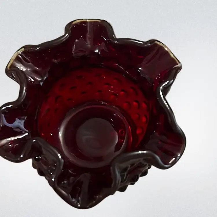 MCM, Fenton Ruby Red Hobnail crimped rim glass vase or candle holder.2” Christmas