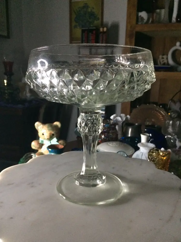 Vintage Indiana Glass Diamond Point Pedestal Bowl  6" wide x 7 1/4" tall.