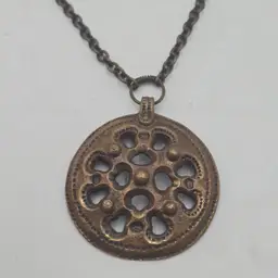 Vintage 60s Kalevala Koru Finland Bronze Brutalist Pendant Necklace 26" Chain