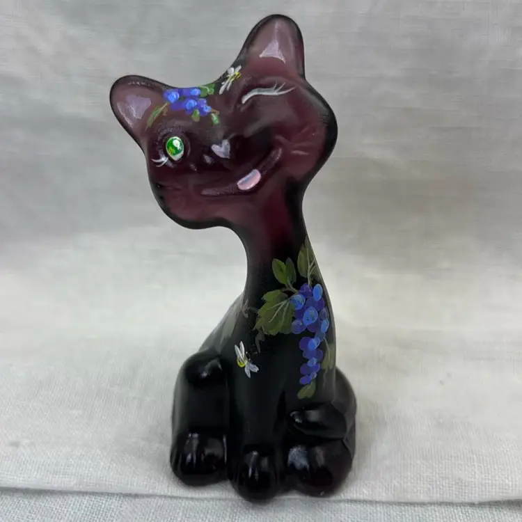 Fenton Amethyst Happy Cat - Handpainted Dated Signed -Super Fenton Exclusive 6/6 - 4” ~ BumbleBees, Grapes & Leaves - FAGCA