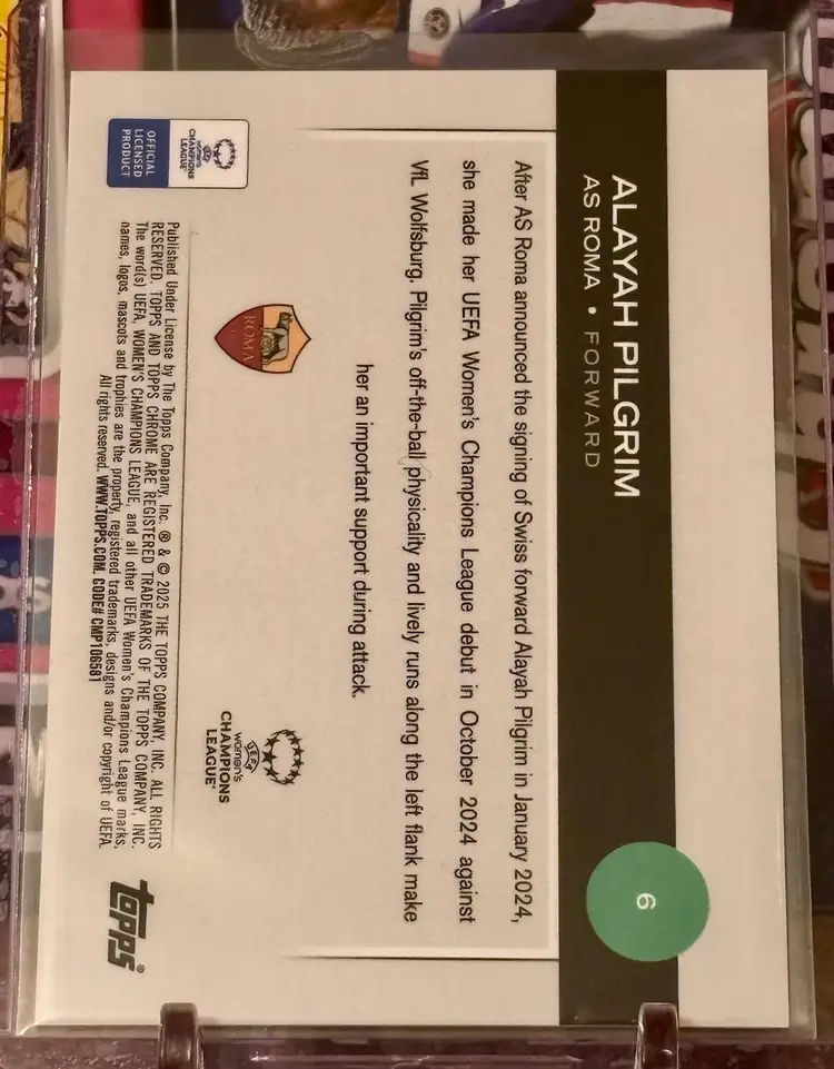 Alayah Pilgrim 2024/25 Topps Chrome UWCL Blue Wave /150 Roma Switzerland Rookie Soccer Card