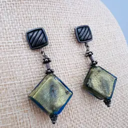 Beautiful Blue And Gold Glass And Sterling Pierced Earrings 2”