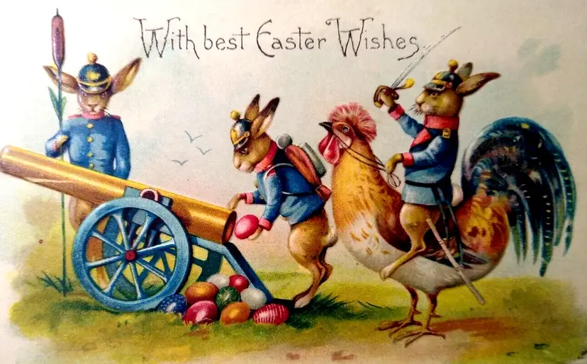 Easter Postcard Fantasy Military Dressed Rabbits Shoots Eggs From Cannon BW 289
