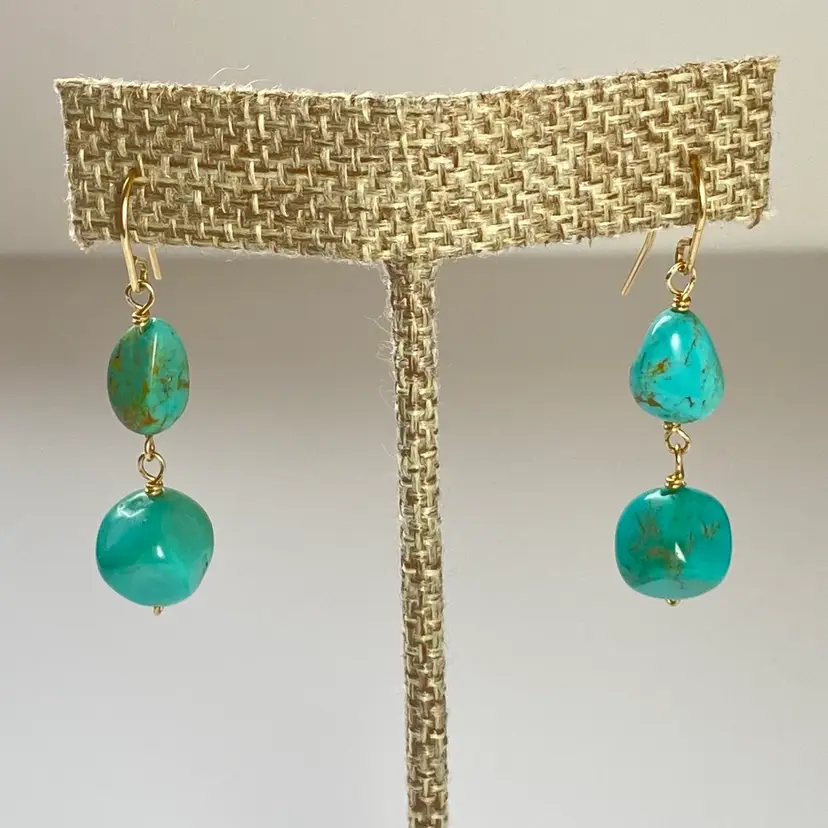 Turquoise Dyed Howlite Double Dangle Drop Articulated Earrings Gold Tone Hooks
