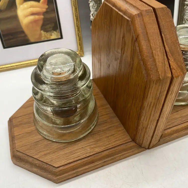 Vtg Glass Insulator Bookends Hand Made