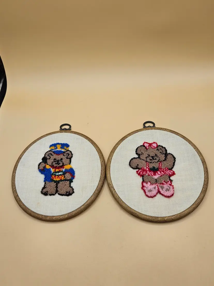 2 6.5" Hoop Hand Stitched Drummer & Ballerina Bears Wall Hang Art