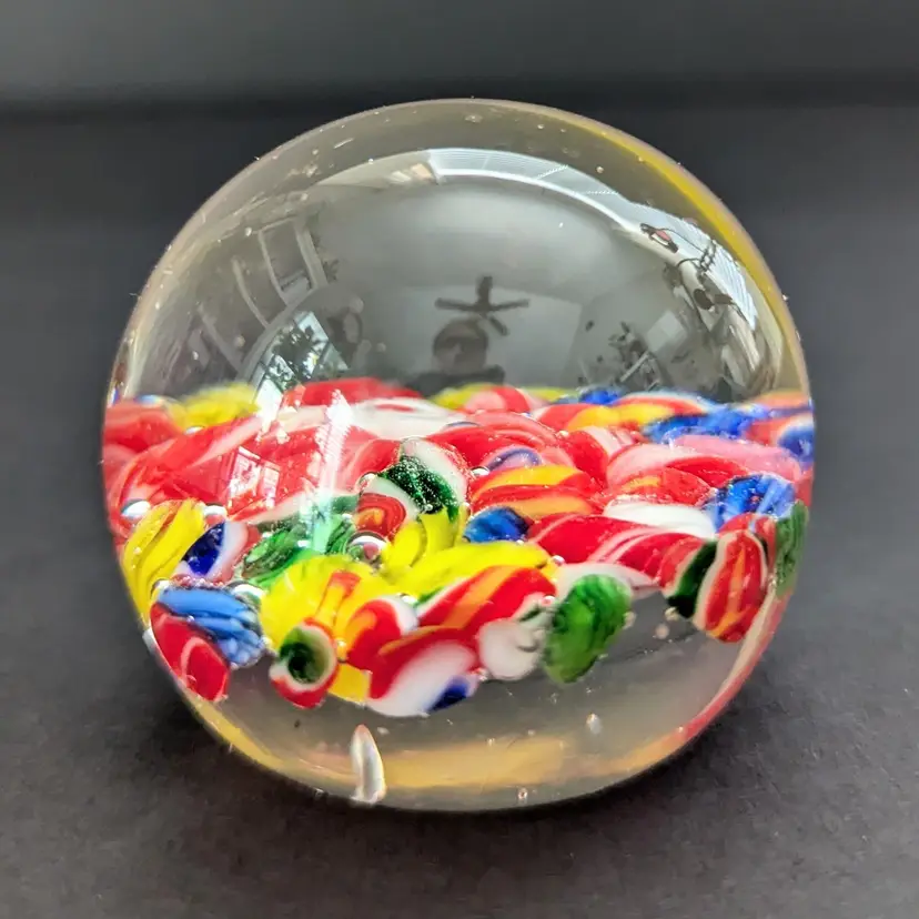 Handblown Millefiori Scramble Art Glass Paperweight 2" x 2"