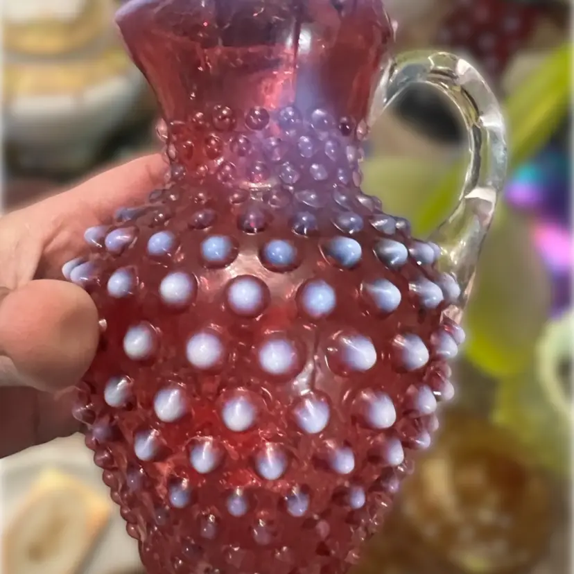 Vintage Fenton Art Glass cranberry opalescent hobnail Syrup pitcher