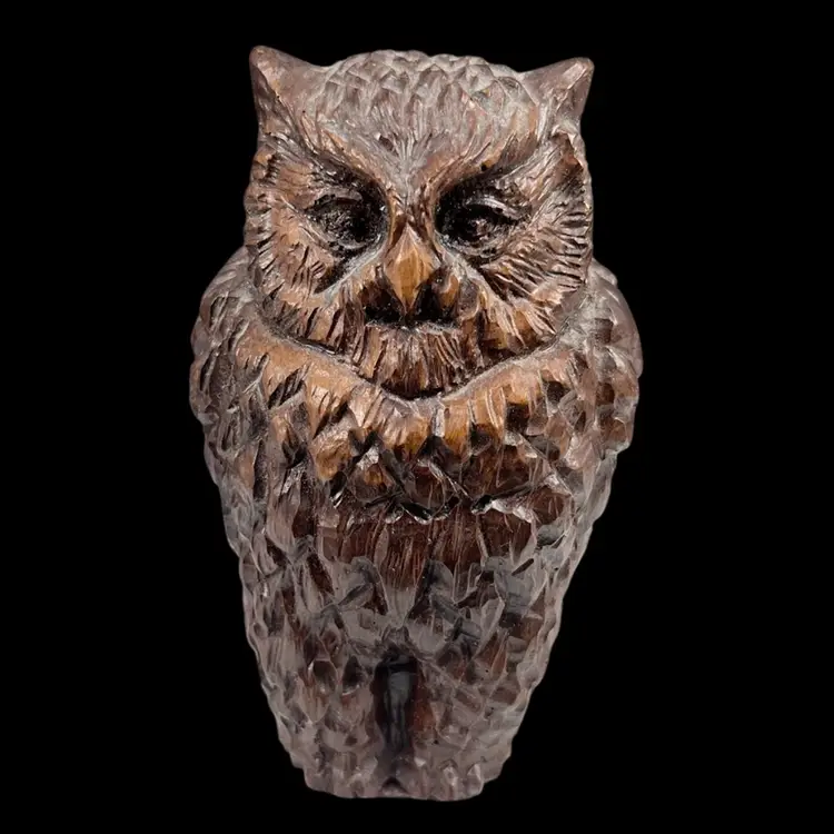 Cas-Carved Wood And Coal Reproductions Owl Figurine, Carved Owl Figurine, Carved Great Horn Owl Figurine