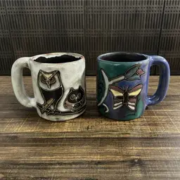 Mara Mexico Art Pottery Stoneware Mugs Signed Owl Butterflies 16 oz Set Of 2