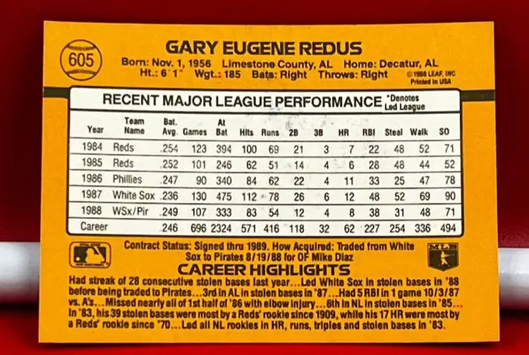 1989 Donruss Collector Baseball Trading Card Pirates Gary Redus #605