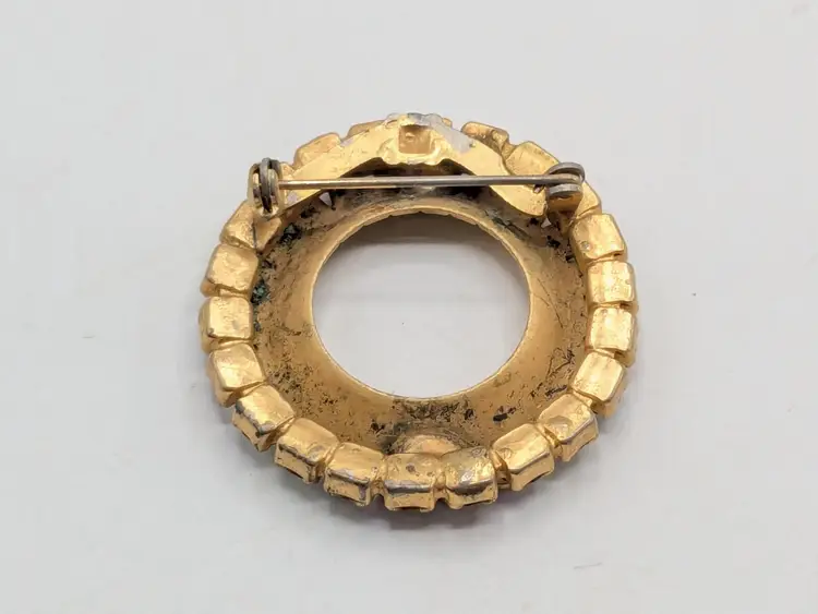 Vintage Gold Tone Circular Brooch Pin with Aurora Borealis Rhinestones