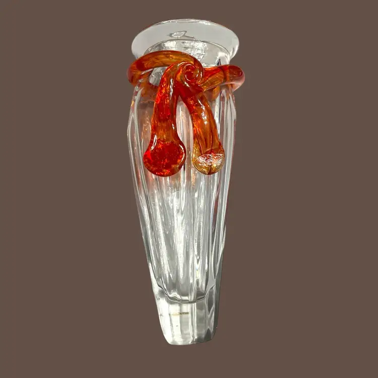 003 hand blown clear, glass, reddish orange applied bow wall pocket 8" x 3 1/4" x 2.5"