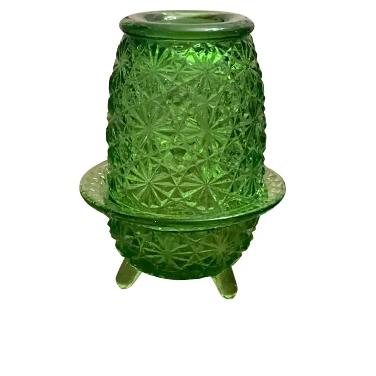 L.E. Smith 2-piece Daisy And Button 3-toed Green Fairy Lamp 5” X 3 3/4”