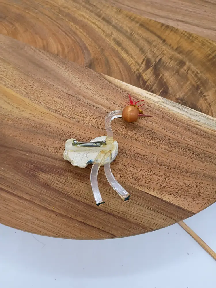 Vintage Lucite Acrylic and Wooden Kitschy Bird Ostrich Brooch 1950's