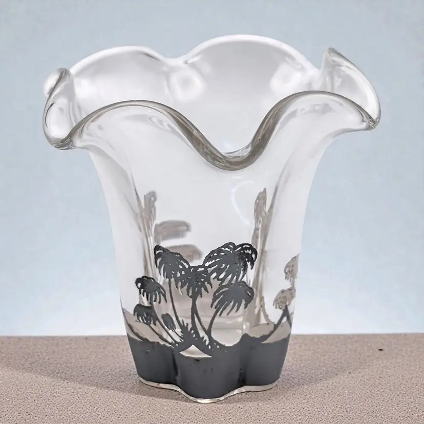 Duncan Miller Canterbury Silver Overlay Palm Trees Crimped Vase by Silver City