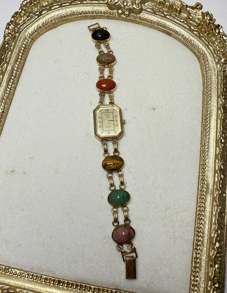 Kenneth Jay Lane Women's Egyptian Scarab Gemstones Quartz Watch Gold Tone READ