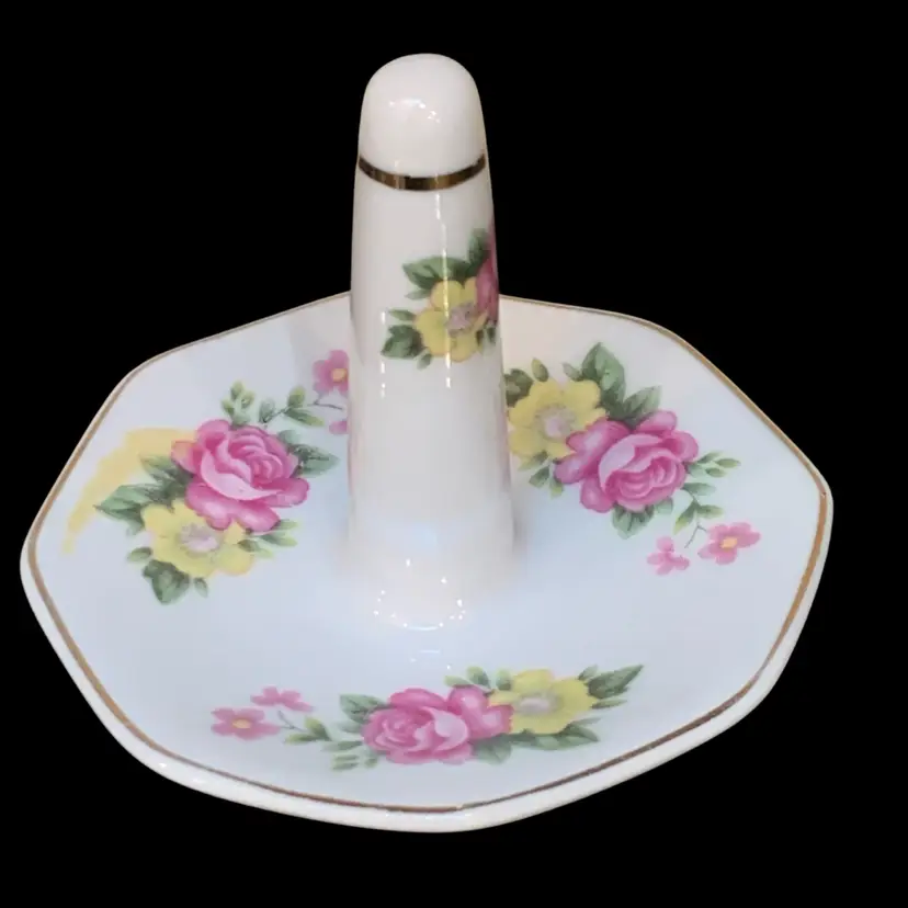 VTG Porcelain Ring Holder Rose Pattern With Gold Trim