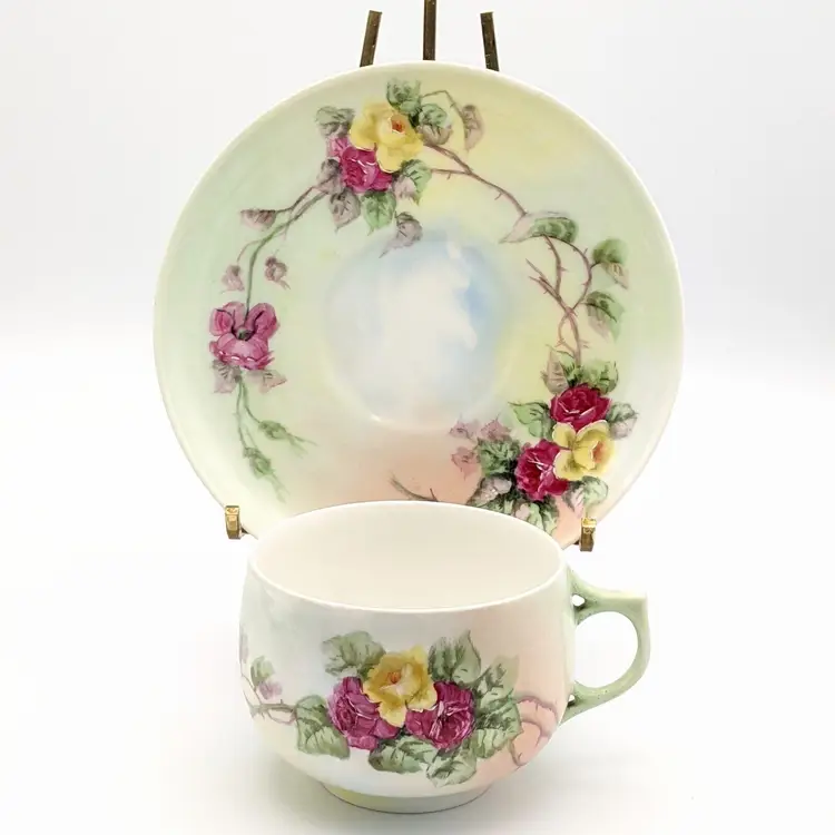 Atq AKD Klingenberg & Dwenger Porcelain Limoges France Pink Roses Cup & Saucer