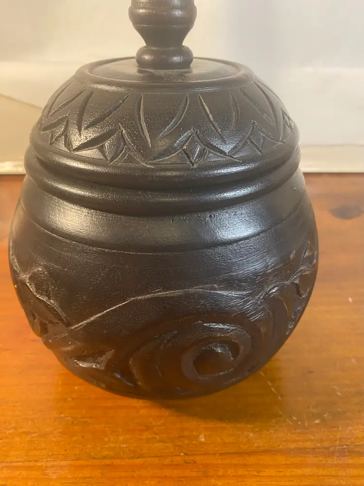 Carved Wood Round Black Jar