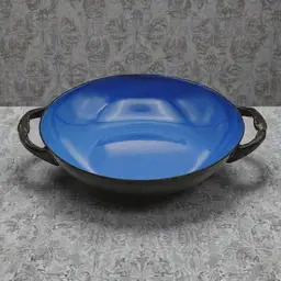 Vintage MCM Vibrant Blue Enamel Sauté Pan Serving Bowl Black Handles 6 in Round