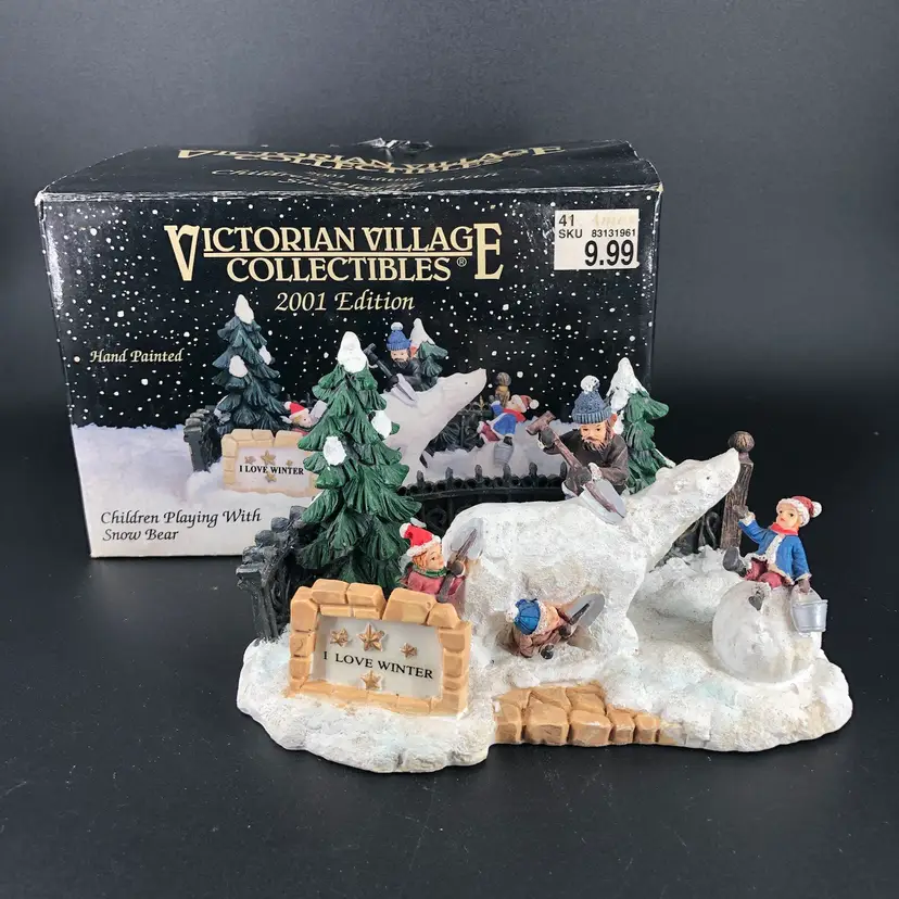 Victorian Christmas Village Children Playing with Snow Bear w/ Box