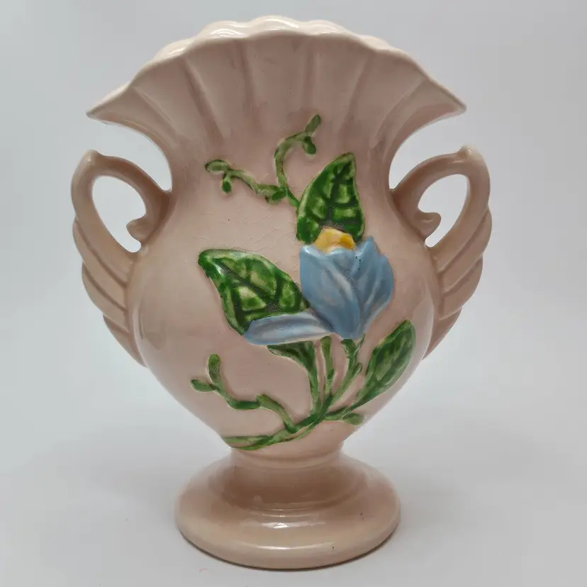 Vtg Hull H-6 Double Handle Pottery Vase Planter Pink With Blue Magnolia c. 1940s