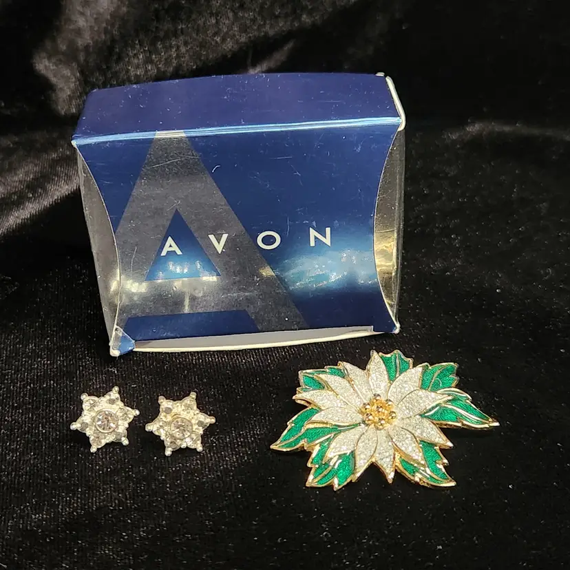 Convertible Avon Rhinestone Snowflake / Stud Earrings + Glitter Poinsettia Brooch Vintage Set of Christmas Jewelry
