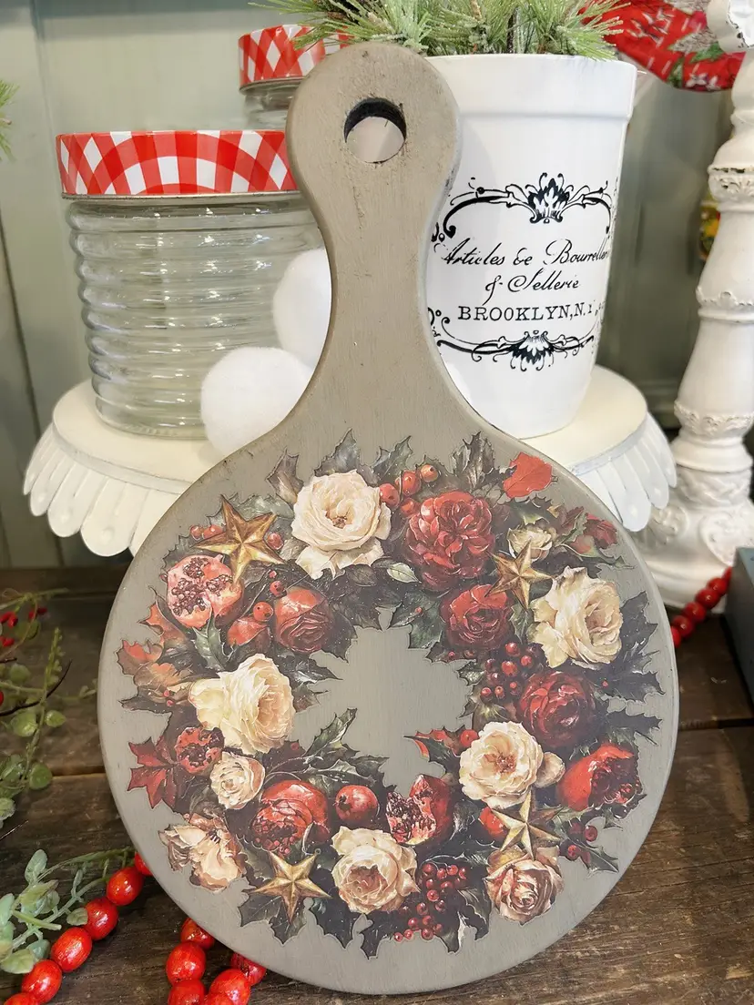 Christmas Cutting Board With Red And Cream  Roses Wreath 13”x8” Roses