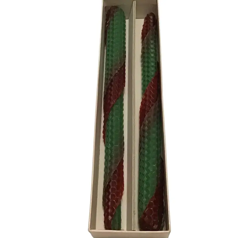Vintage Holiday Twist Hand Rolled Honeycomb Beeswax Taper Candles Green Red 9"